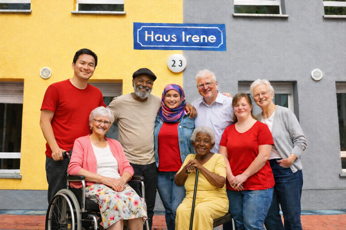 Bewohnerinnen und Bewohner vor dem Haus Irene